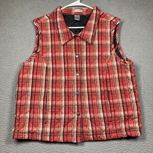 Rebecca Malone Vest Womens Large Orange-Red Plaid Quilted Snap Front Lined
